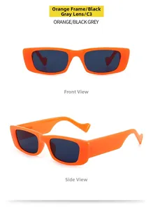 Detail view of trendy orange rectangular sunglasses with black grey lenses in two angles