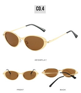 Three views of retro oval sunglasses with gold metal frames and dark brown lenses