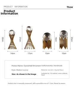 Detailed dimensions of crystal ball ornaments with gold iron bases for modern home decor
