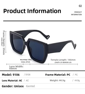 Detailed dimension guide for thick frame oversized sunglasses with blue lenses
