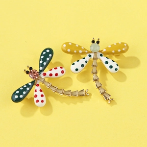 Polka dot dragonfly brooches with enamel finish and colorful crystal accents