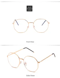 Front and side views of stylish geometric gold metal glasses frame with octagonal lenses