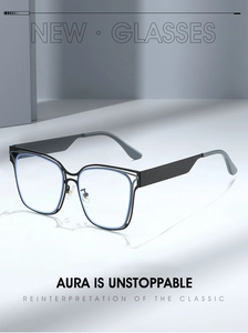 Close-up of black square frames with blue light coating and metallic geometric details