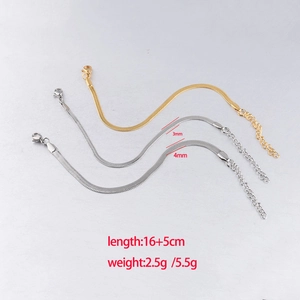 Detail view of 3mm and 4mm gold and silver flat snake bone chain bracelets with sizes