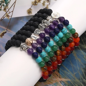 7 Chakra natural stone bracelets with lava rock beads and various silver pendants