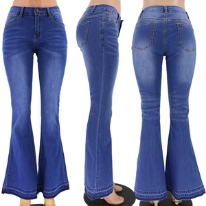 Damen Schlagjeans mit hoher Taille in Blau und verstärkten Nähten am Saum