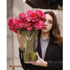 Minimalist transparent acrylic flower bucket with pink roses held by a female model
