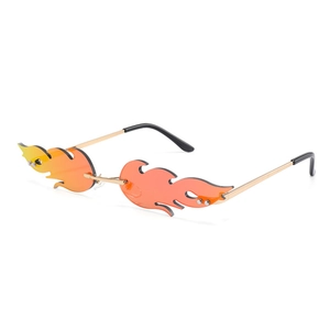 Frameless flame shaped sunglasses with orange gradient lenses and gold metal temples