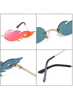 Detailed views of flame-shaped rimless sunglasses featuring gradient lenses and metal frames