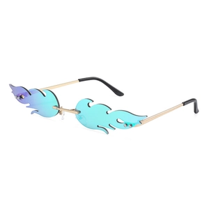 Frameless fire shape sunglasses with blue-green mirrored lenses and gold metal frames