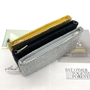 Flat sequin metal mesh clutch purse set in yellow black and silver with zipper closure