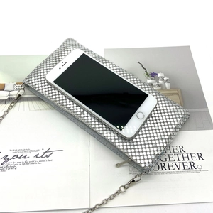 Elegant silver sequin aluminum mesh clutch purse with chain strap and top zipper