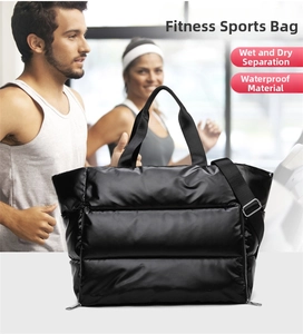 Detailed view of black quilted waterproof fitness bag with dry wet separation feature