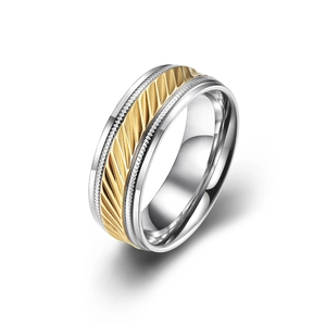 Polished titanium steel ring for men and women featuring gold textured gear band