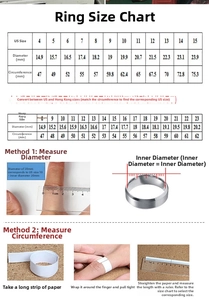 Detailed titanium steel ring size chart showing US and HK sizes with measurement guide