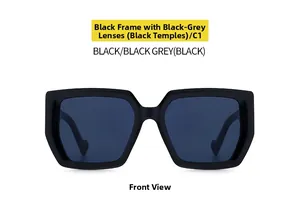 Front view of C1 black oversized square sunglasses with dark grey lenses and thick frame