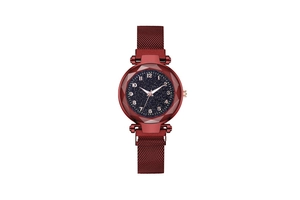 Detail of red magnetic mesh strap and starry sky dial on a women's luxury watch