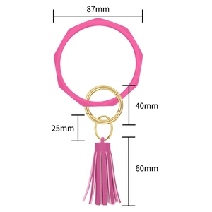 Detailed size chart of rose red silicone tassel keychain bracelet with dimensions in mm