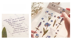 Detailed translucent PET flower stickers with blue blossoms and elegant English quotes
