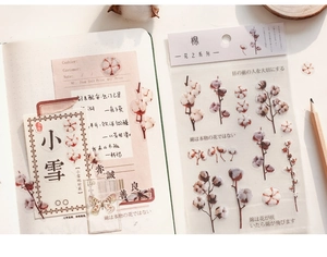 Detailed view of floral PET stickers with cotton designs for journaling and DIY crafts