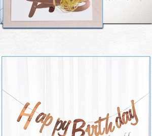 Rose gold Happy Birthday banner with metallic script font for party decorations
