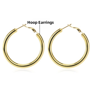 Detail showing the lightweight hollow tube design of golden C-shaped hoop earrings
