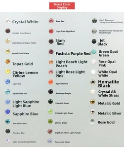 Detailed color chart showcasing over 30 rhinestone variations for custom keychains