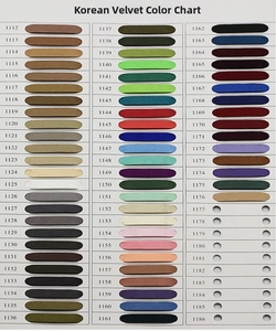 Detailed color chart of Korean velvet fabric showing various numbered shades for accessories
