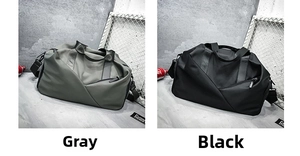 Dual-view display of black and grey sports duffel bags with waterproof compartments