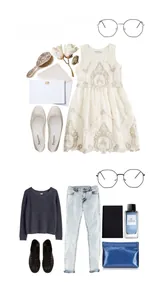 Flat lay of geometric eyeglasses frame with stylish daily fashion apparel outfits