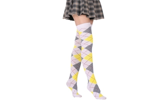 Close-up detail of argyle pattern over-the-knee socks with yellow and grey knit texture