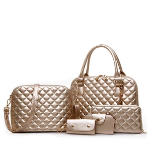 Champagne gold quilted 5-piece handbag set with tote, crossbody, and wallets