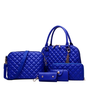 5-piece quilted blue shell handbag set with tote, crossbody bag, and matching wallet