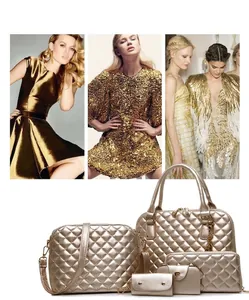Detailed five-piece champagne gold quilted bag set featuring stylish rhombus stitching patterns