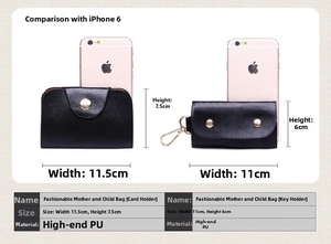 Detail of black quilted PU leather card holder and key pouch set with gold metal clips