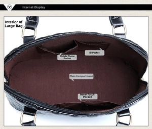 Internal view of quilted handbag showing main compartment and multiple inner pockets