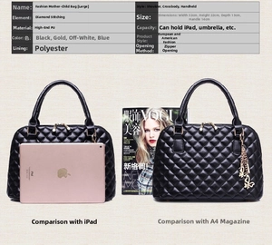Detailed size chart and capacity comparison for the quilted black tote showing dimensions