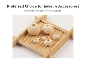 Close-up of natural wood beads in various sizes on a bamboo mat for DIY crafts