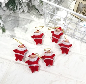 Set of six red flocked Santa Claus ornaments for Christmas tree hanging decoration