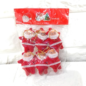 Set of 6 red flocked Santa Claus ornaments with gold hanging strings for Christmas decor