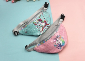 Close-up of reversible sequin unicorn fanny packs in pastel blue and pink for girls