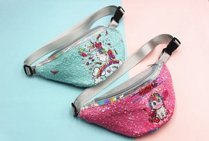 Detail of sequins unicorn kids fanny pack in pink and blue with adjustable straps