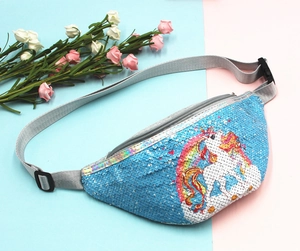 Detail of colorful sequins and unicorn embroidery on the children's waist bag