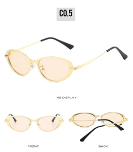 Multi-angle views of vintage oval metal glasses with light gold frame and orange lenses