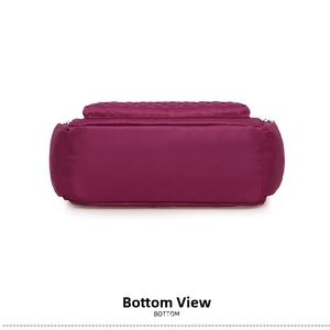 Detailed bottom view of durable purple nylon crossbody bag with waterproof fabric texture