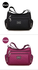 Detail of quilted nylon crossbody bag showing multiple zippers and side pockets
