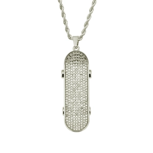 Macro shot of silver skateboard pendant featuring sparkling rhinestones and twisted rope chain