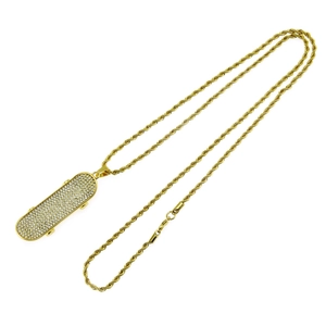 Hip hop 3D skateboard pendant necklace in gold finish with sparkling iced out rhinestones