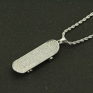 Hip hop silver skateboard pendant necklace with sparkling rhinestones on rope chain