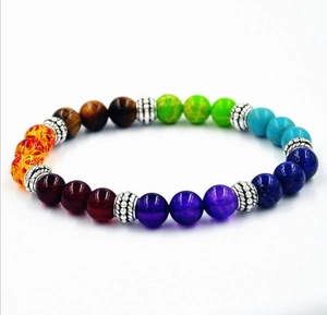 Detail of seven chakra natural stone beads and vintage silver spacers on leather bracelet